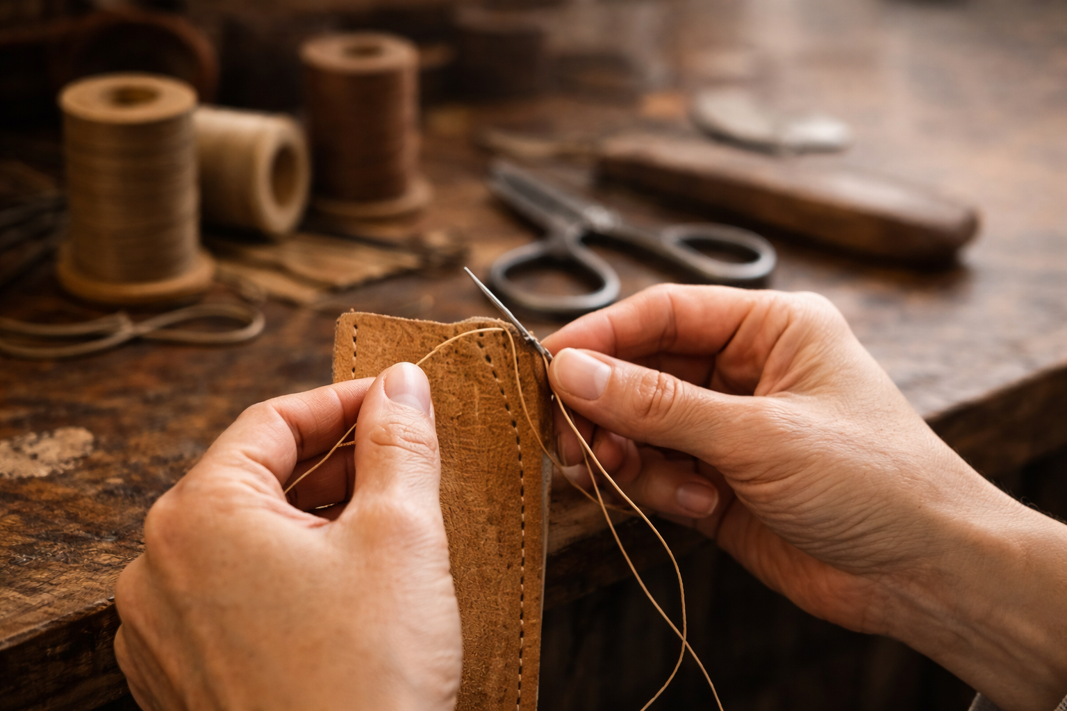 革製品を作る女性の手元の画像